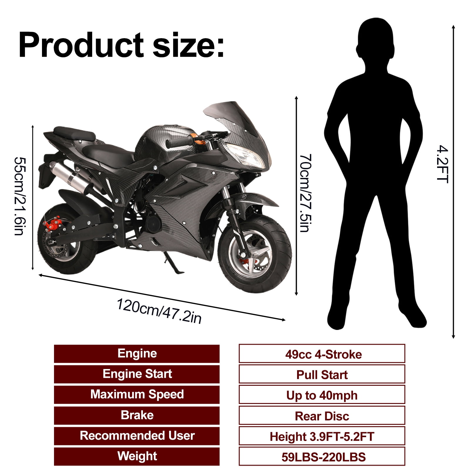 Xnigf Gas-Powered Mini Bike for Adults, 49cc 4-Stroke Engine, 25MPH Top Speed, 200LB Load Capacity, Dual Disc Brakes, Off-Road Motorbike
