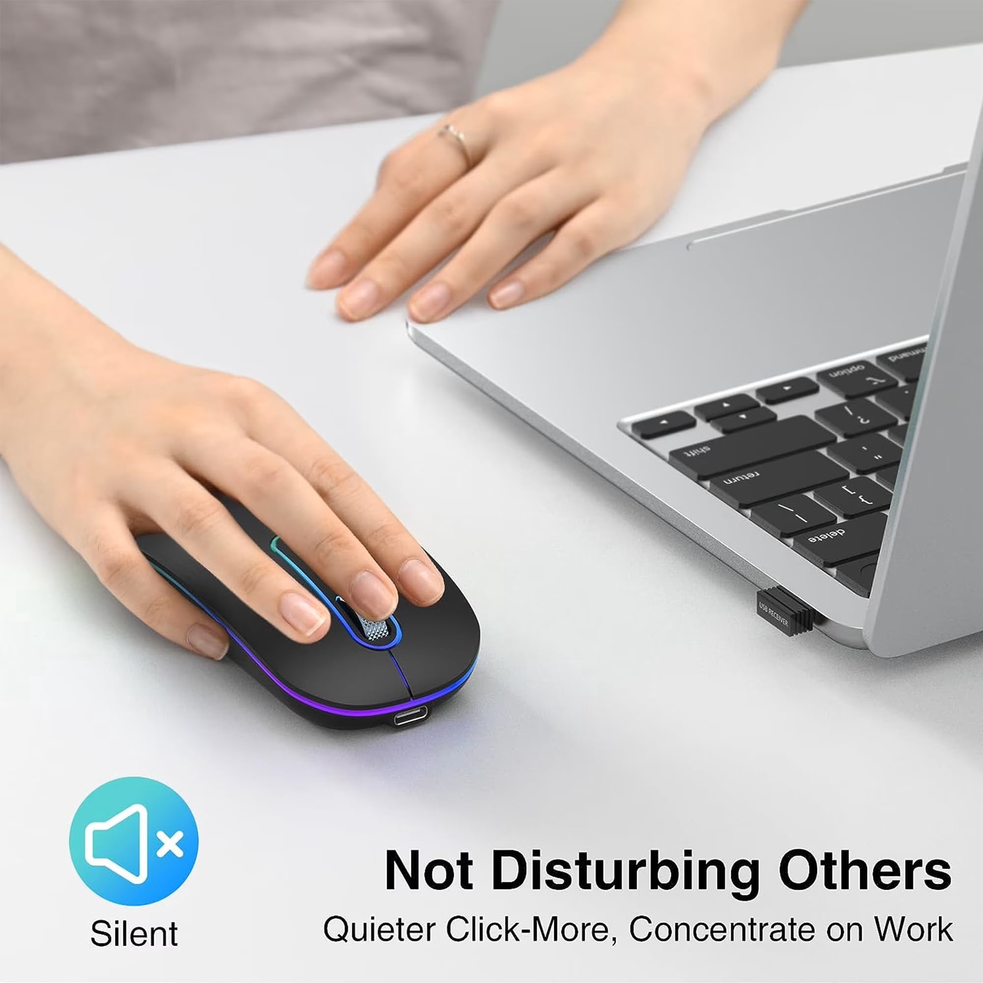 Wireless Mouse Bluetooth 5.1 2.4G Dual Mode, Rechargeable Silent Computer Mouse with 500H Battery, 3 Adjustable DPI, Slim Optical Mouse for Laptop PC Mac iPad Windows Black
