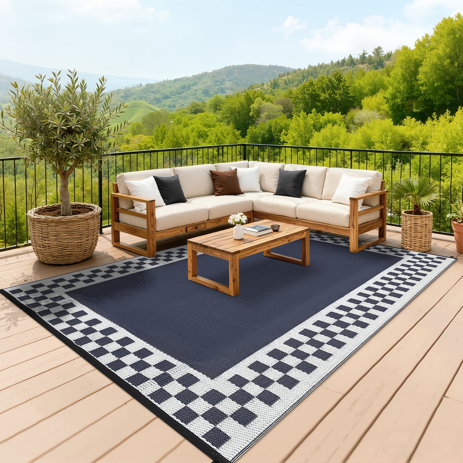 HIWEAVER 9' x 18' Navy/White Outdoor Rug PP Plastic Straw Woven Waterproof Patio Rug with Border Portable Outside Carpet for Balcony Deck Picnic Garden Decor