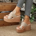 thumbnail image 2 of Rokment Women's Platform Wedge Flip Flops Delicate-Bee Bowknot Fashion Casual Suede Extra Chunky High Heels Slip on Backless Dress Sandals Comfortable Walking Slides Summer Shoes Beige Size 6, 2 of 6
