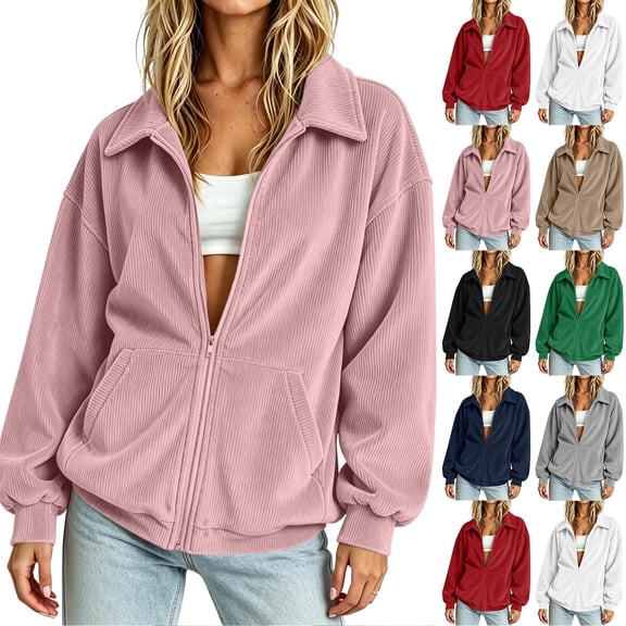 Horkkom Zip Up Jackets for Women Long Sleeve Solid Color Corduroy Jacket Casual Loose Collared Jacket with Pockets L