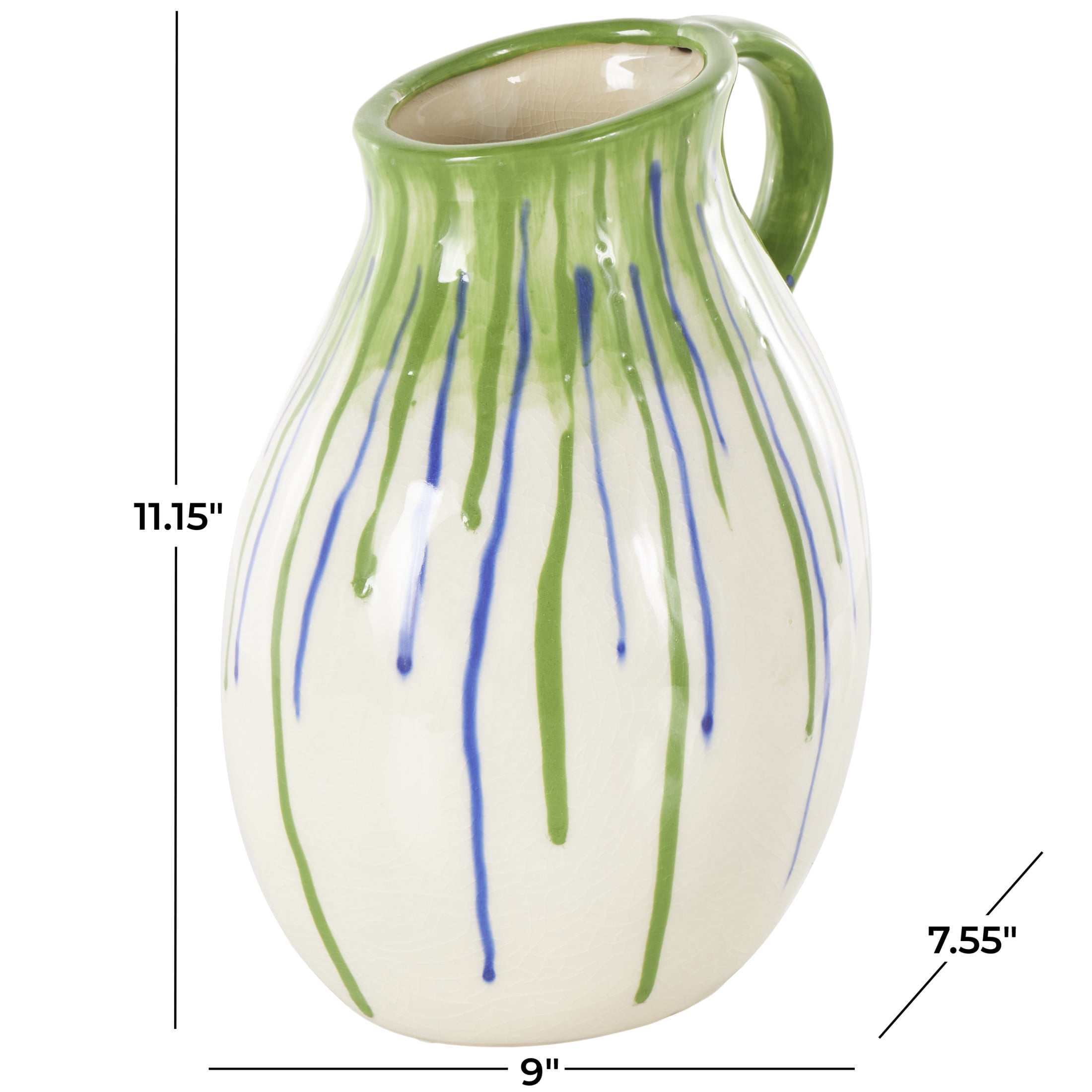 DecMode 11" Abstract White Ceramic Vase with Green and Blue Drip Design and Handle