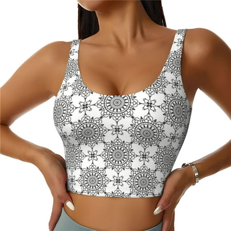 Adobk Retro sketch flower lines Print Sports Bras for Women Longline Workout Crop Tank Tops Padded with Built in Shelf Padded Sports Bra-Large