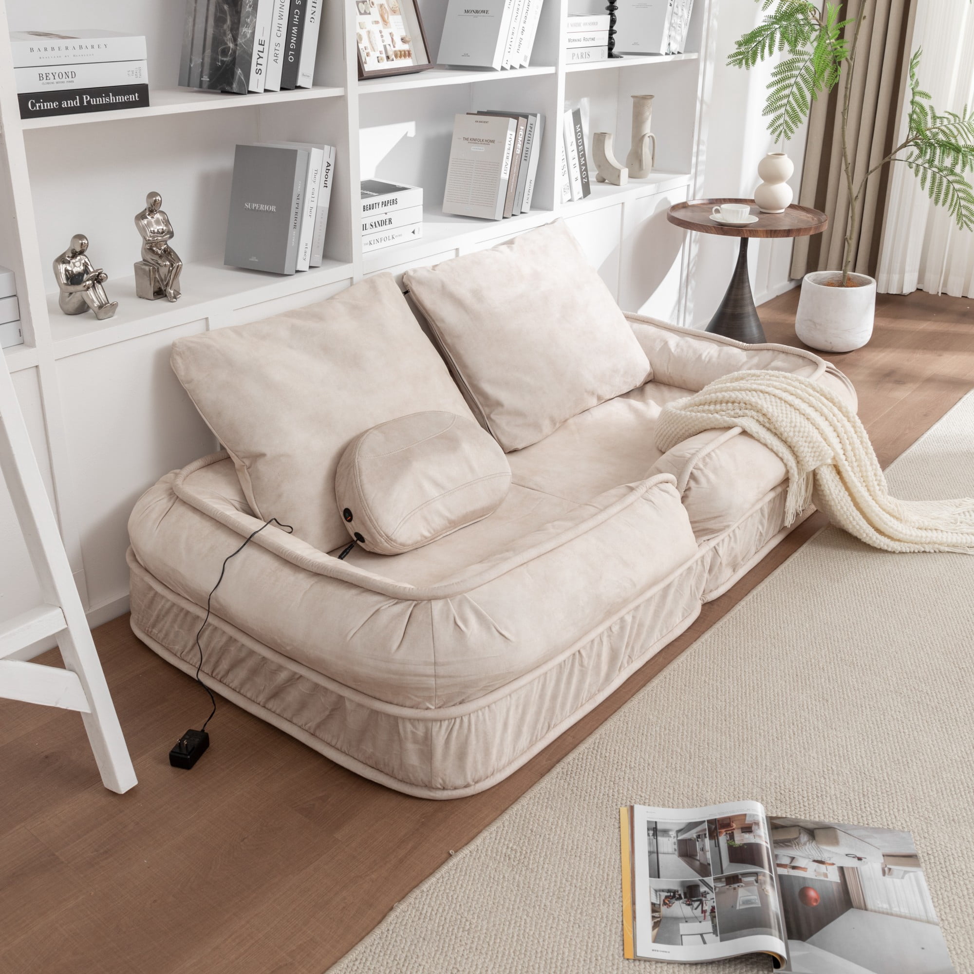 LEHZROAJ Velvet Upholstered Bean Bag Chairs,5-Position Adjustable 2 Soft Pillows Massage Floor Sofa,Multi-Functional Human Dog Bed for Living Room(Beige)