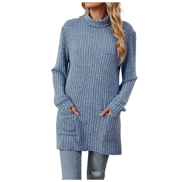Nouveau Chandail Ample à Col Roulé Manches Longues avec Poche pour Femmes