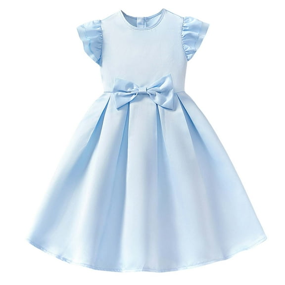 Wdgfv Girls Summer Dress Flutter Sleeves Round Neck Casual Party Beach Yoga Dress with Bow Back Zipper for 8-12 Years Old Blue 10-11 Years