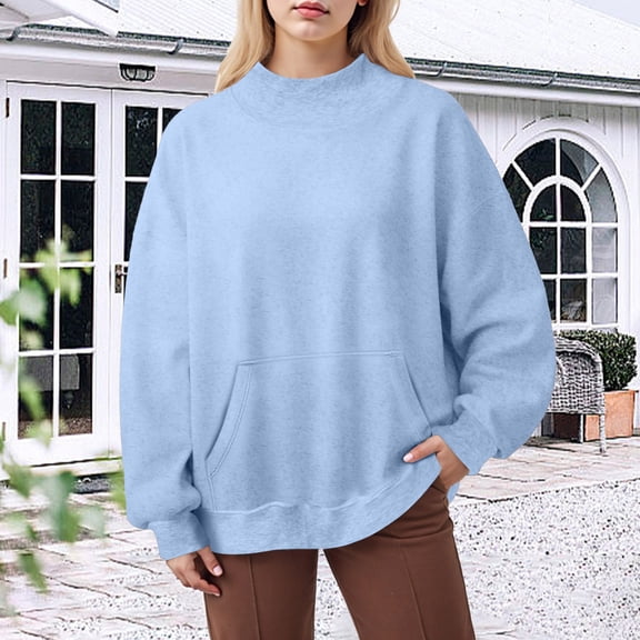idosla Mock Neck Sweatshirt Women Oversized Turtleneck Pullover Long Sleeve Tops Fall Fashion Y2K Outfits With Pockets (Light Blue, XL)