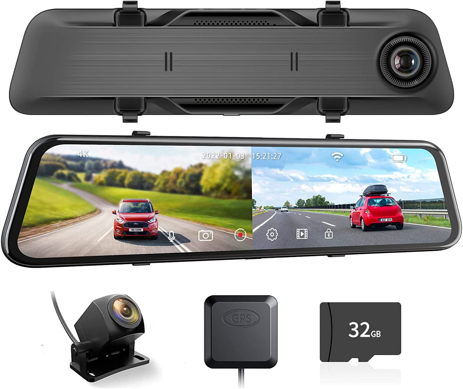 Bileeko Car Mirror Dash Cam 12'' 4K FHD Backup Camera 1080P Rear View