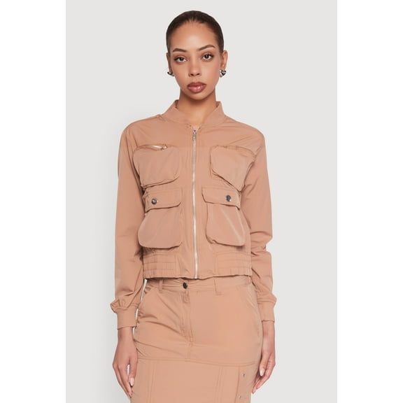 Womens Cargo Pocket Windbreaker Bomber Jacket