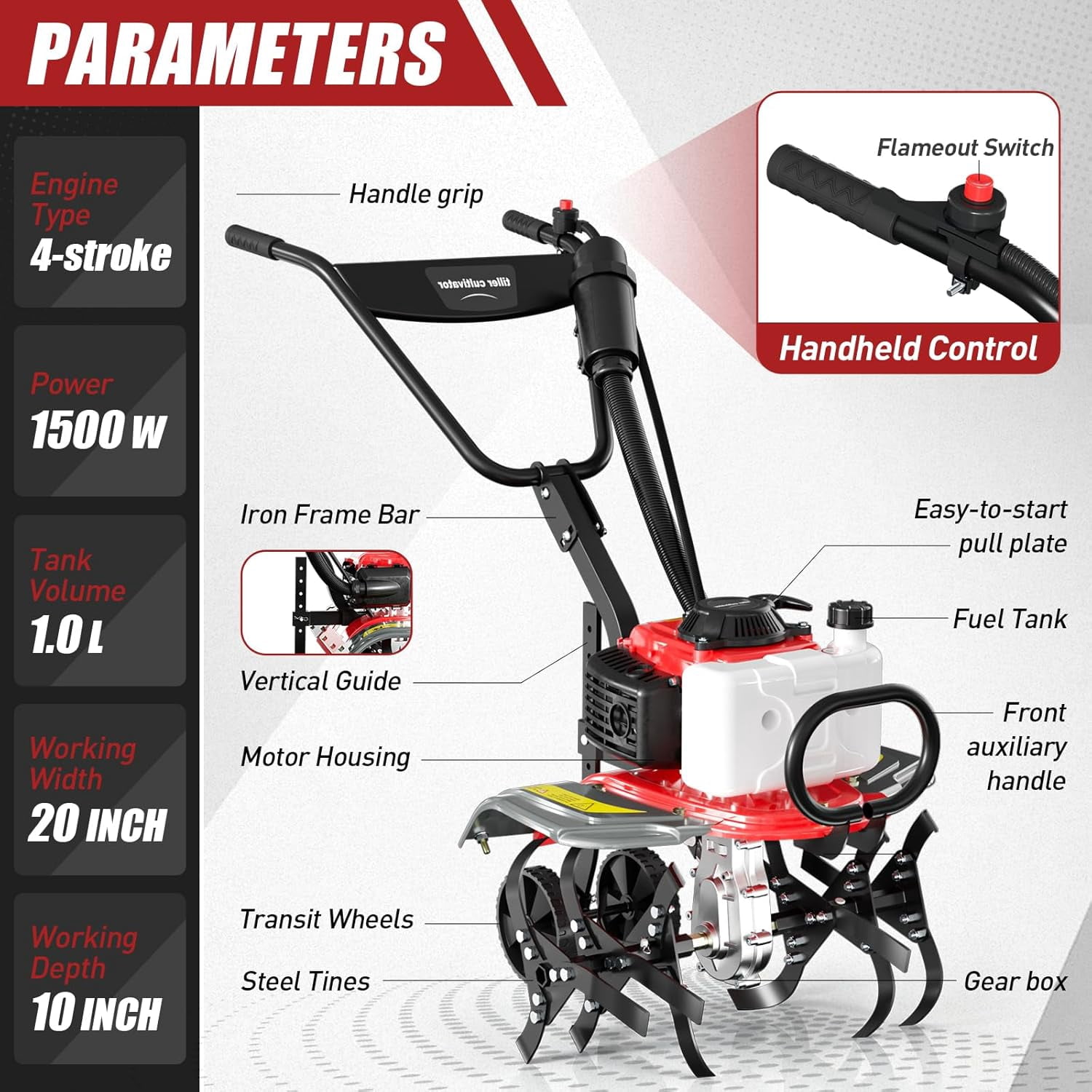 EAYSG 4 Stroke Gas Tiller Cultivator, 1.5KW 7500RPM Heavy Duty Rototiller, 6-Position Adjustable Height, 20" Working Width, 10" Tilling Depth, Gasoline Powered for Lawn Yard Soil Cultivation