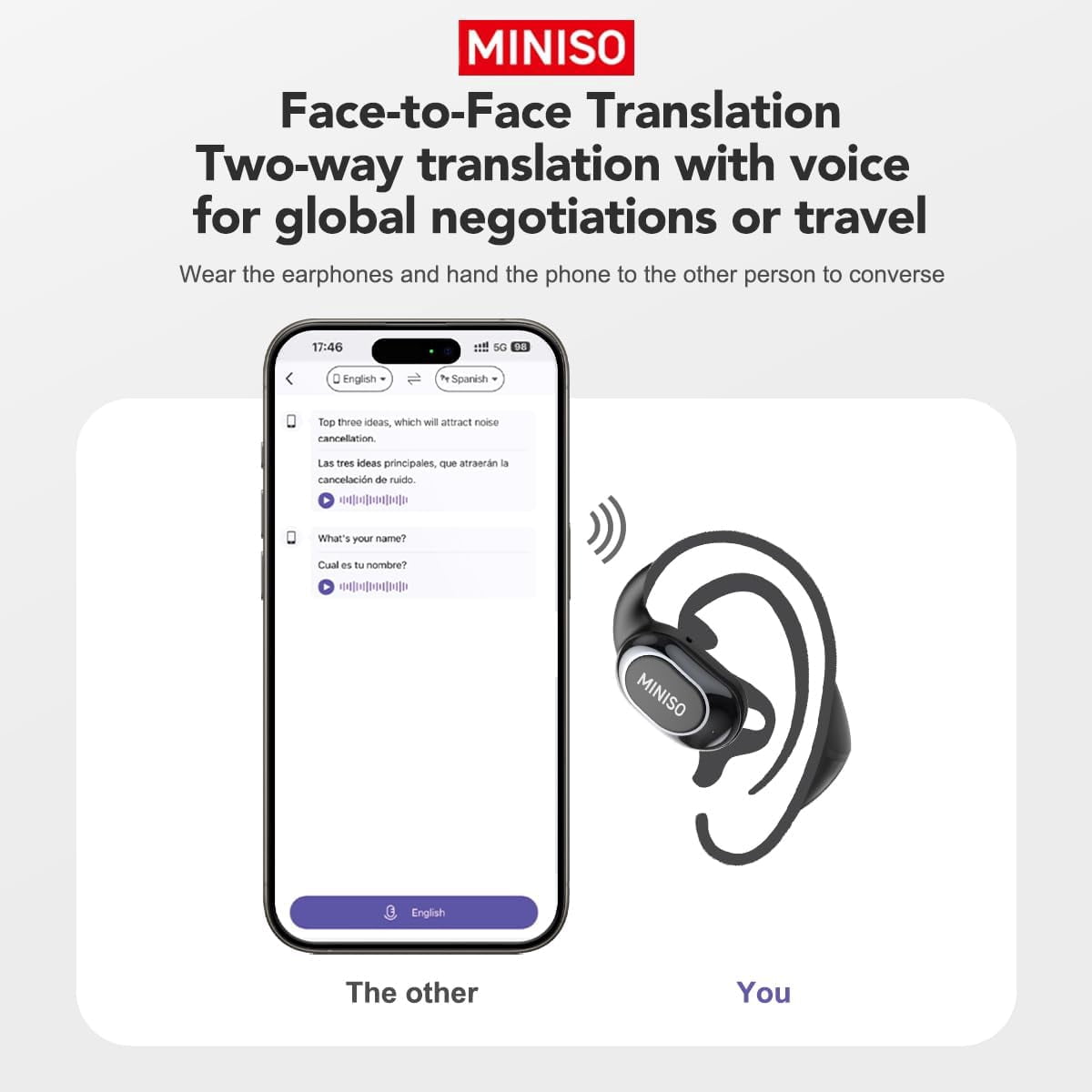 MINISO Al TranslationBuletooth Headphones MS156 Long Battery Life HiFi Stereo Sound Wireless Earhooks Headphones