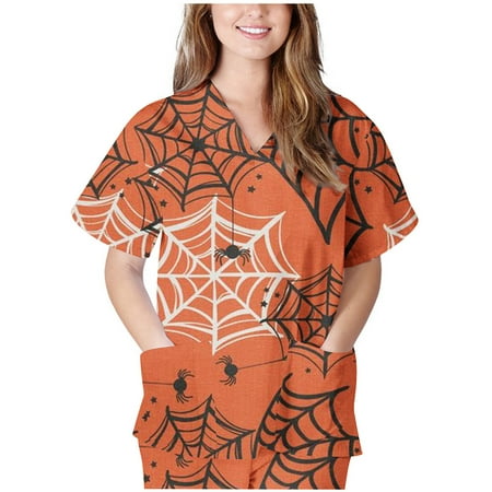 

QLEICOM Womens Halloween Bat Ghost Pumpkin Print Scrubs Tops Casual Short Sleeve V-Neck Scrubs Loose Lovely Blouse T-shirts Tops Workwear Uniform with Pocket Orange L