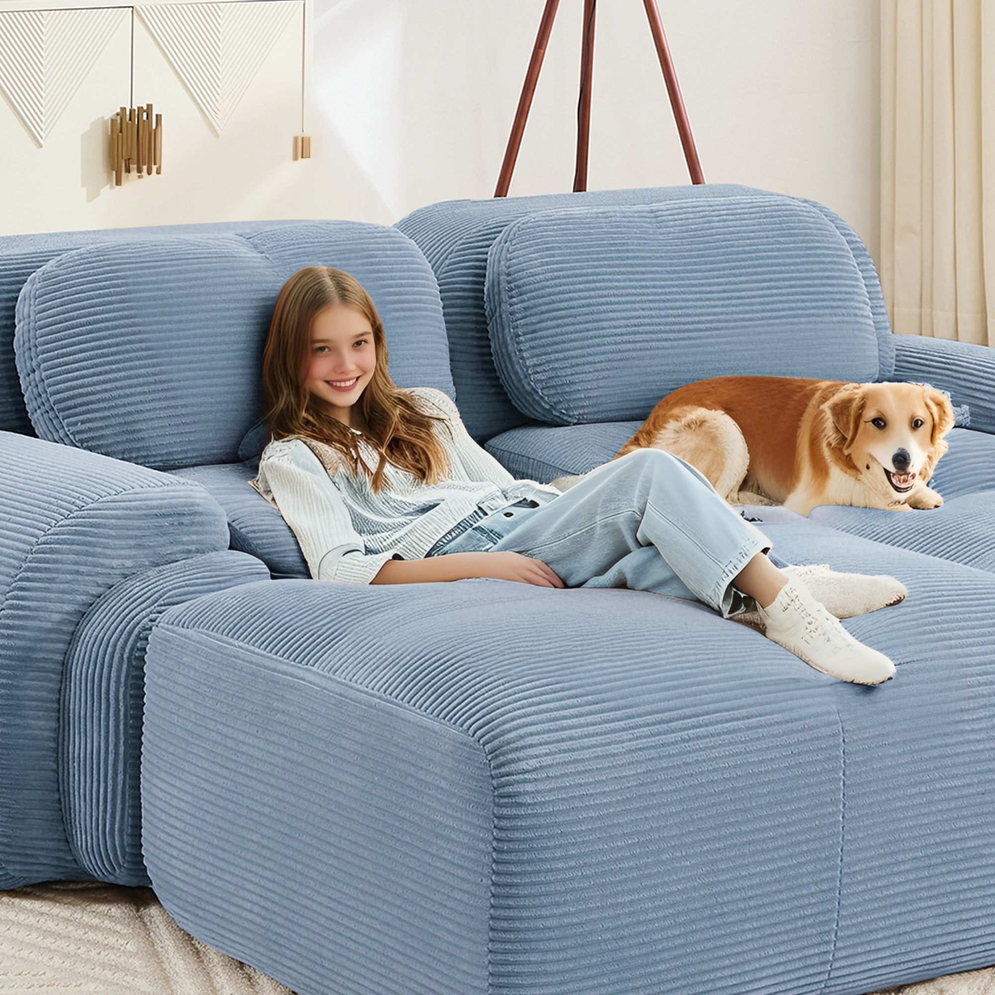 Aukfa 117" Modular Sectional Sofa Overstuffed Boneless Couch, 3Pillows, No Assembly, Corduroy, Blue