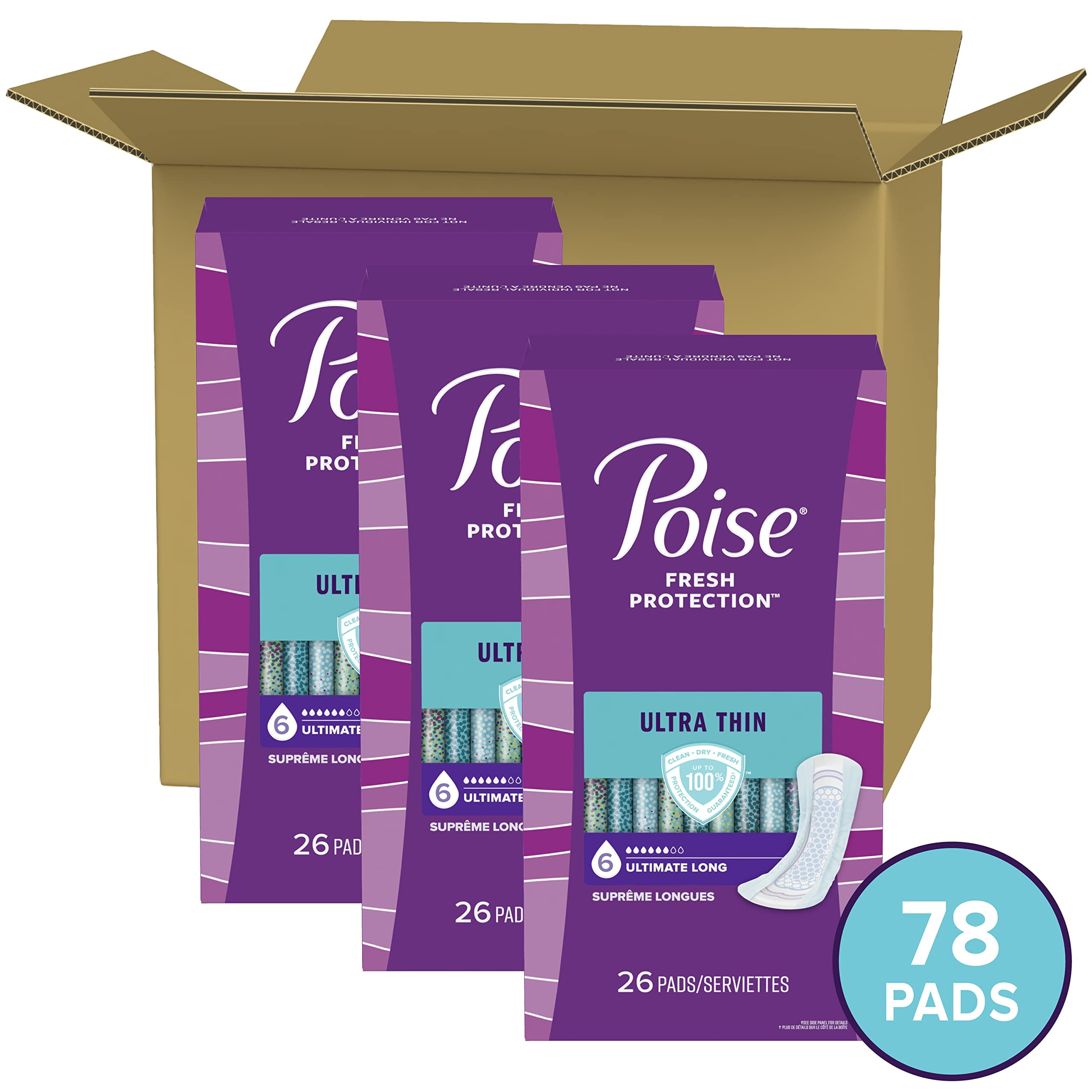 Poise Ultra Thin Incontinence Pads & Postpartum Incontinence Pads, 6 Drop Ultimate Absorbency, Long Length, 26 Count (Pack of 3), Packaging May Vary