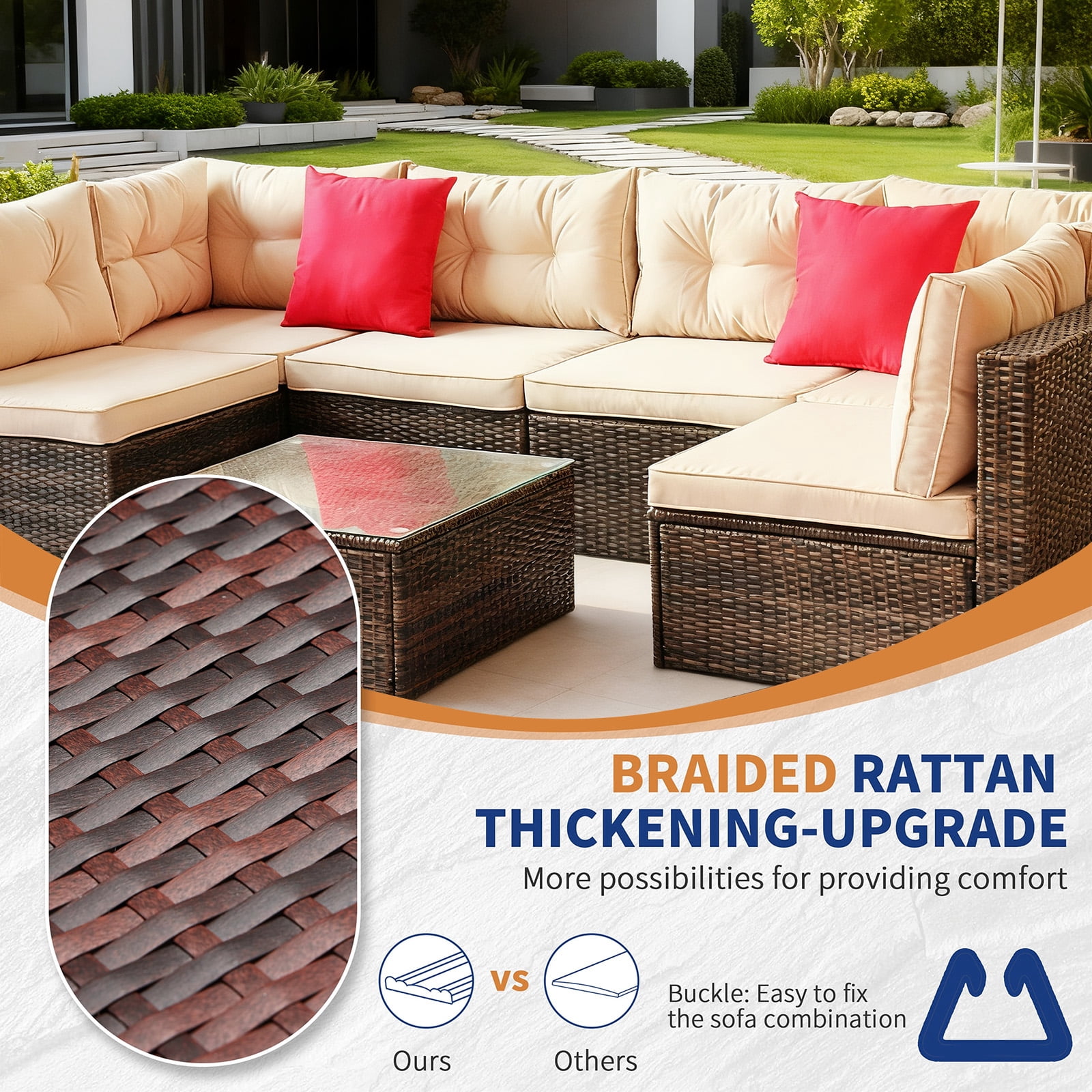Tappio 7 Pieces Outdoor Patio Furniture Sets, PE Rattan Wicker Patio Conversation Sectional Set with Washable Thick Cushions and Coffee Table, Brown/Beige