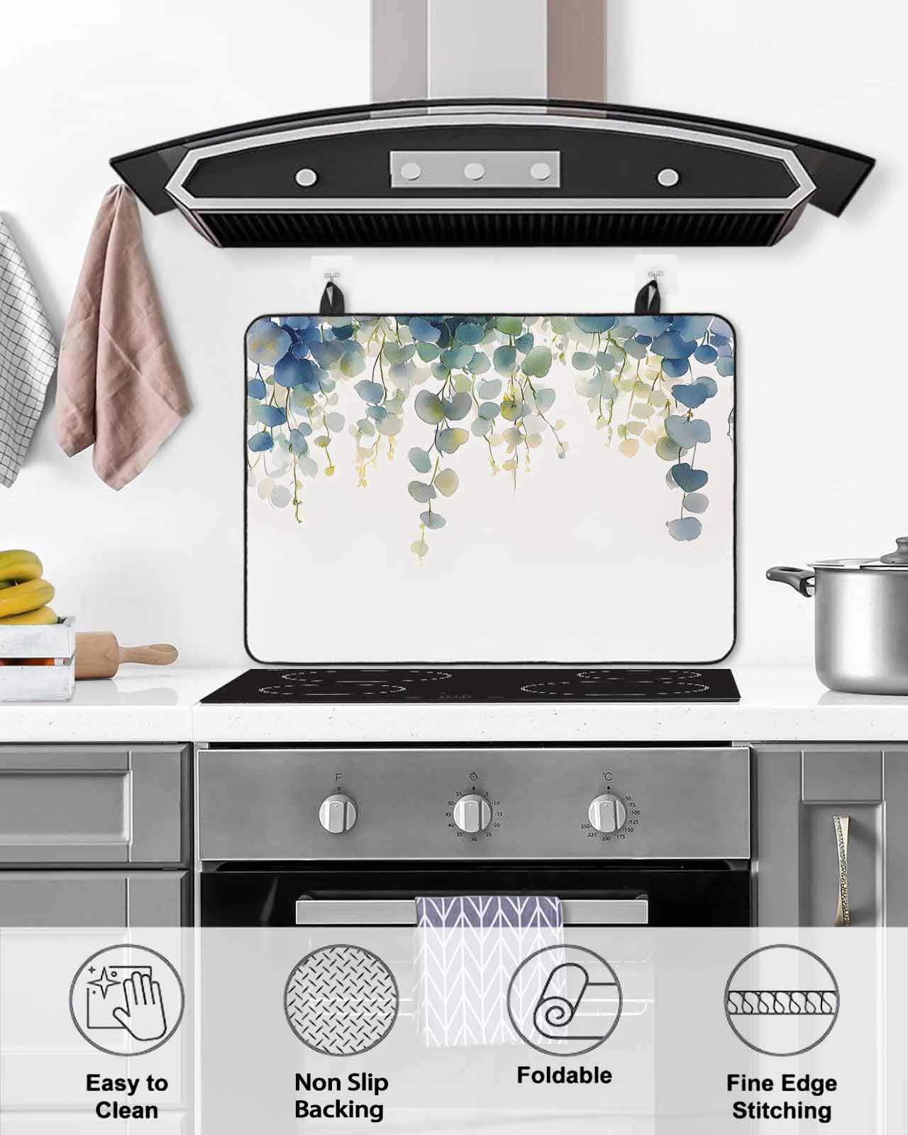 nqOlkjepod Large Induction Cooktop Protector Mat 36"x21", Watercolor Leaaves Stove Top Covers for Electric Stove, Spring Rustic Watercolor Botanical Stove Burner Cover Mats, Glass Top Stove Cover