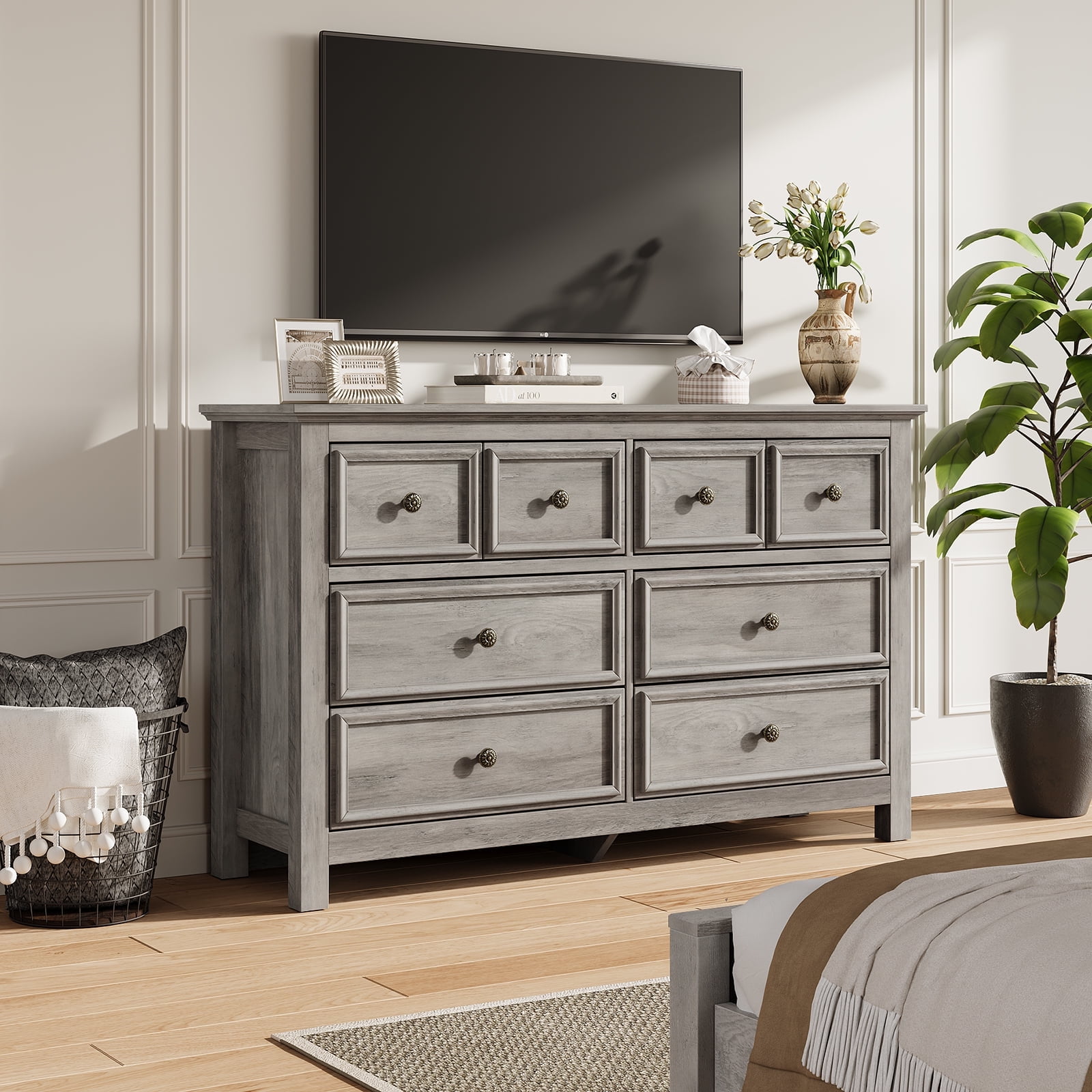 Holliwill 3pcs Dresser Nightstands Set, Farmhouse Bedroom Set, Wide 8 Drawer Dresser and 2 Drawer Nightstand with Open Shelf & Charging Station, Chest of Drawers for Bedroom, Grey