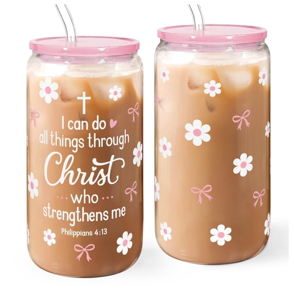 Vaso de cristal SANDJEST de 470 ml con tapa y pajita Inspirational