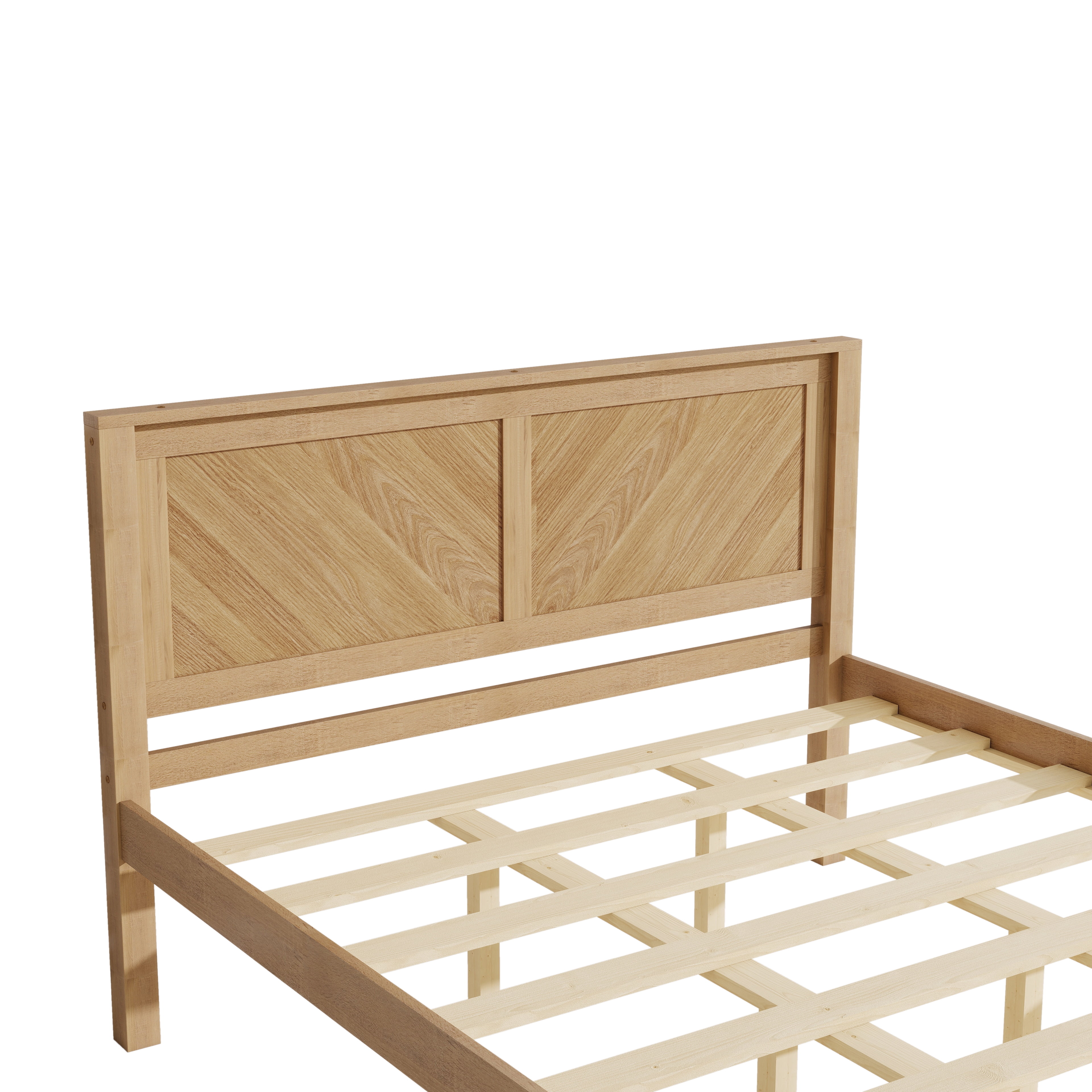 Queen Bed Frame with Herringbone Wood Headboard, Solid Wood Platform Bed and Mattress Foundation with Under-Bed Storage for Bedroom, Natural Oak