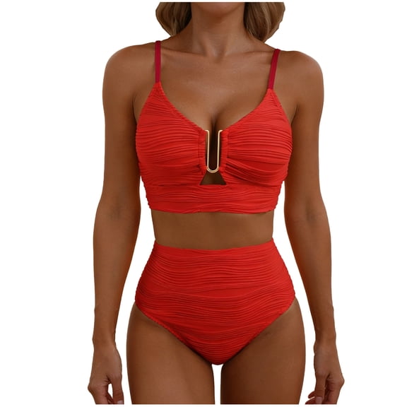 cocolona Womens High Waisted Textured Pleated Bikini Sets Fashion Solid Color Two Piece Bathing Suits V Neck Hollow Swimsuits