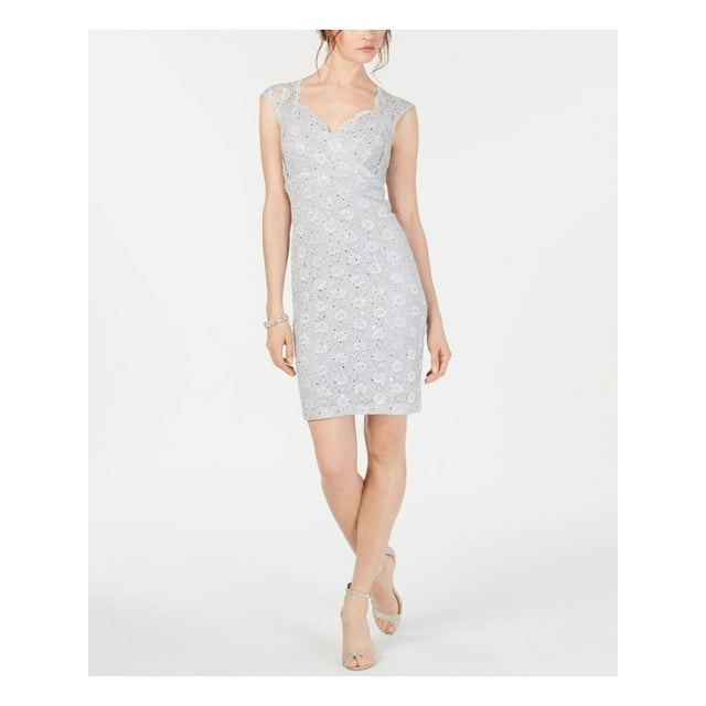CONNECTED APPAREL Robe Moulante en Dentelle Argentée avec Manches Courtes et Col Bénitier pour Femmes Taille 16