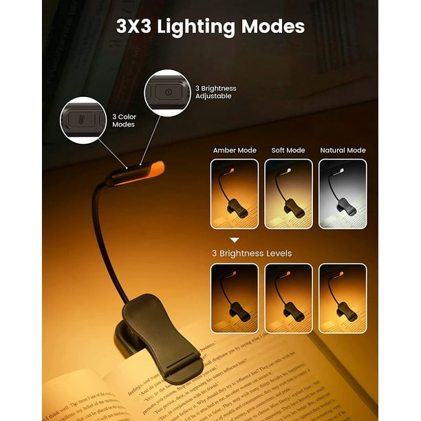 Lampe de livre rechargeable 14 LED, lampe de lecture Clip On Lit, lampe de  pupitre, 3 luminosités 2 cols de cygne éclairent 2 pages complètes. Parfait  pour les rats de bibliothèque