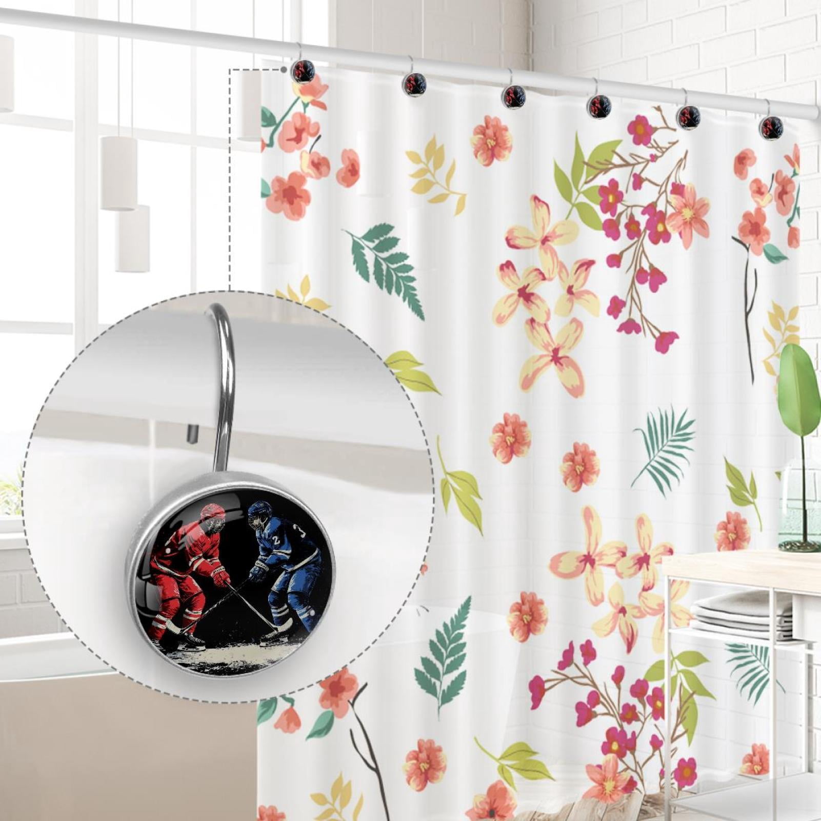 Rink Ice Hockey Racing Shower Curtain Hooks Round Crystal Glass, Set of 12 Shower Curtain Rings - Shower Hooks for Curtain Shower Rings