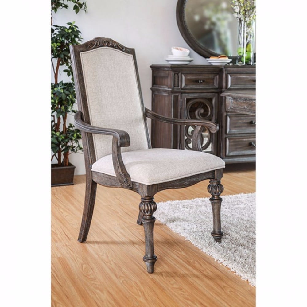 Wooden Arm Chair with Ivory Fabric Cushion Seat & Back, Rustic Brown