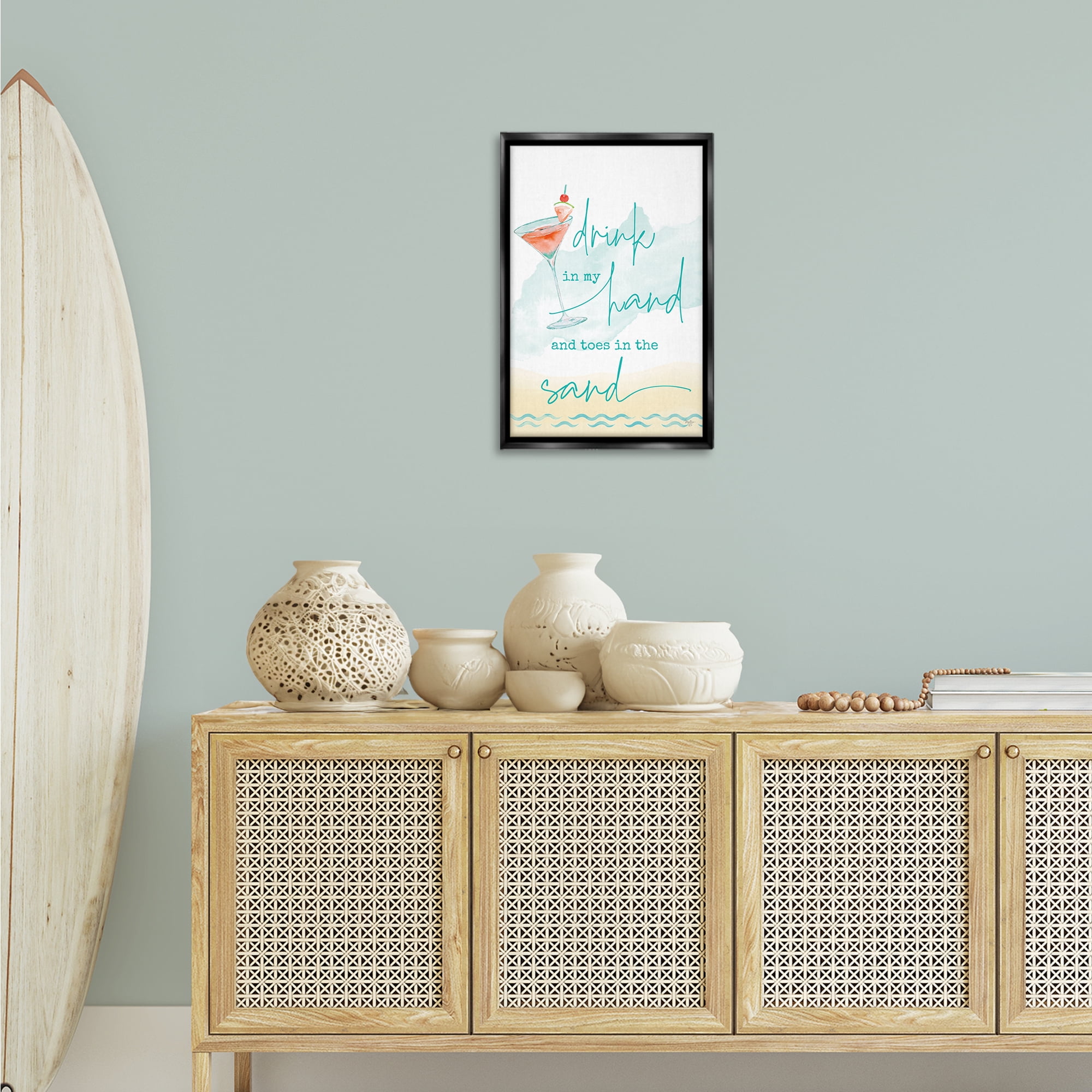 Stupell Industries Drink & Sand Beach Sentiment Text & Numbers Painting Black Floater Framed Canvas Art Print Wall Art, 17 x 25