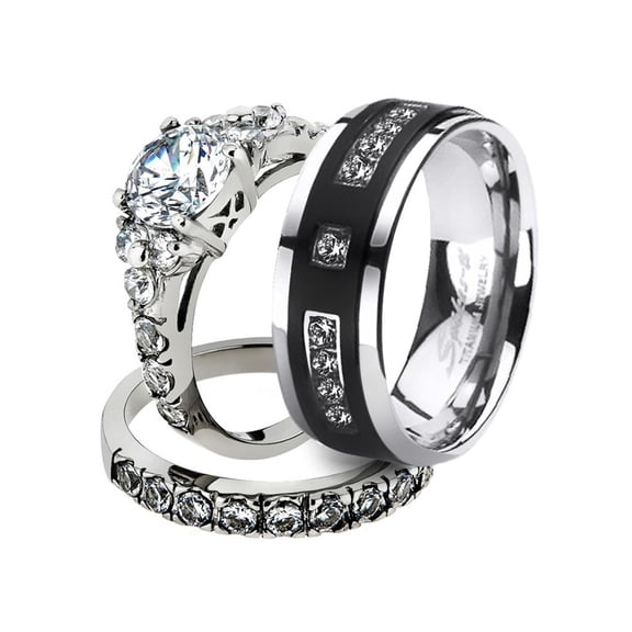 His and Her Stainless Steel 2.50 Ct Cz Bridal Set and Men's Titanium Wedding Band Women's Size 06 Men's Size 06