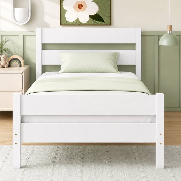 PAPROOS White Twin Bed Frame, Solid Wood Twin Platform Bed with Headboard and Footboard, Modern Twin Size Bed Frame with Slats Support, No Box Spring Needed