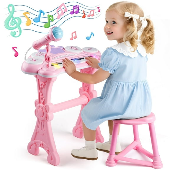 Flooyes Kids Electronic Piano Keyboard, 24-Key Kids Piano Music Toy with Microphone, Birthday Gift for 3 4 5 6 Year Old Toddler Girls,  Stool - Pink