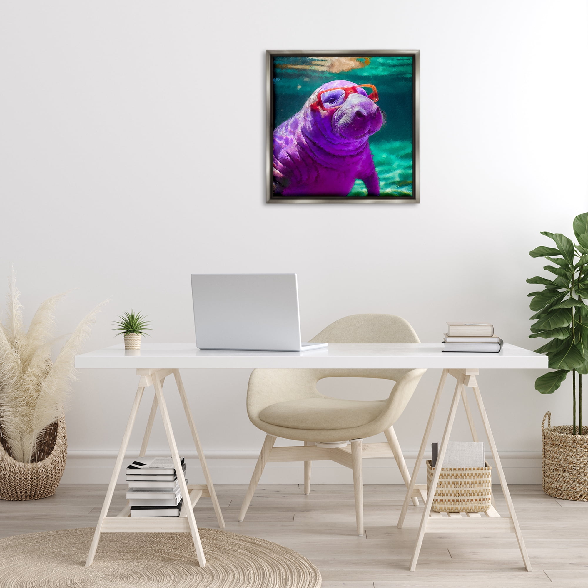 Stupell Industries Manatee with Glasses Animals & Insects Painting Gray Floater Framed Canvas Art Print Wall Art, 25 x 25