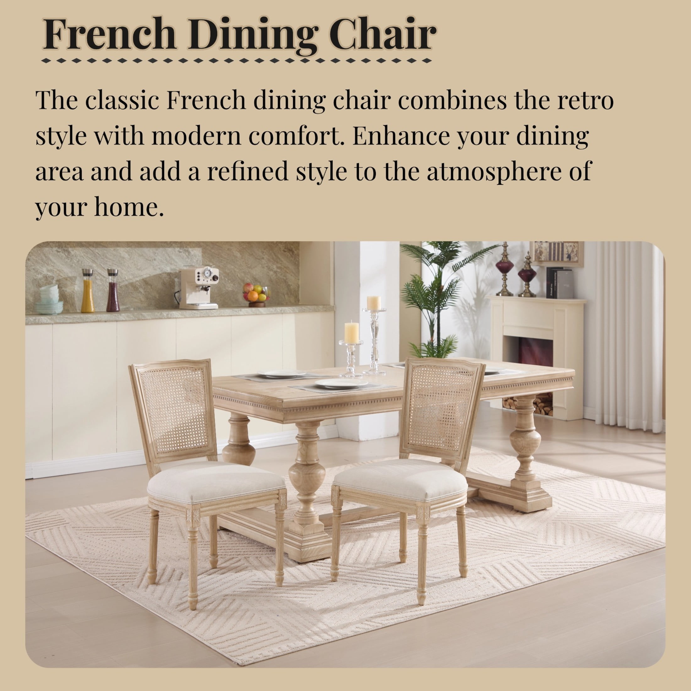 Noble House French Country Dining Chairs with Natural Rattan Back and Carved Wood Legs, for Living Room, Beige, Set of 2