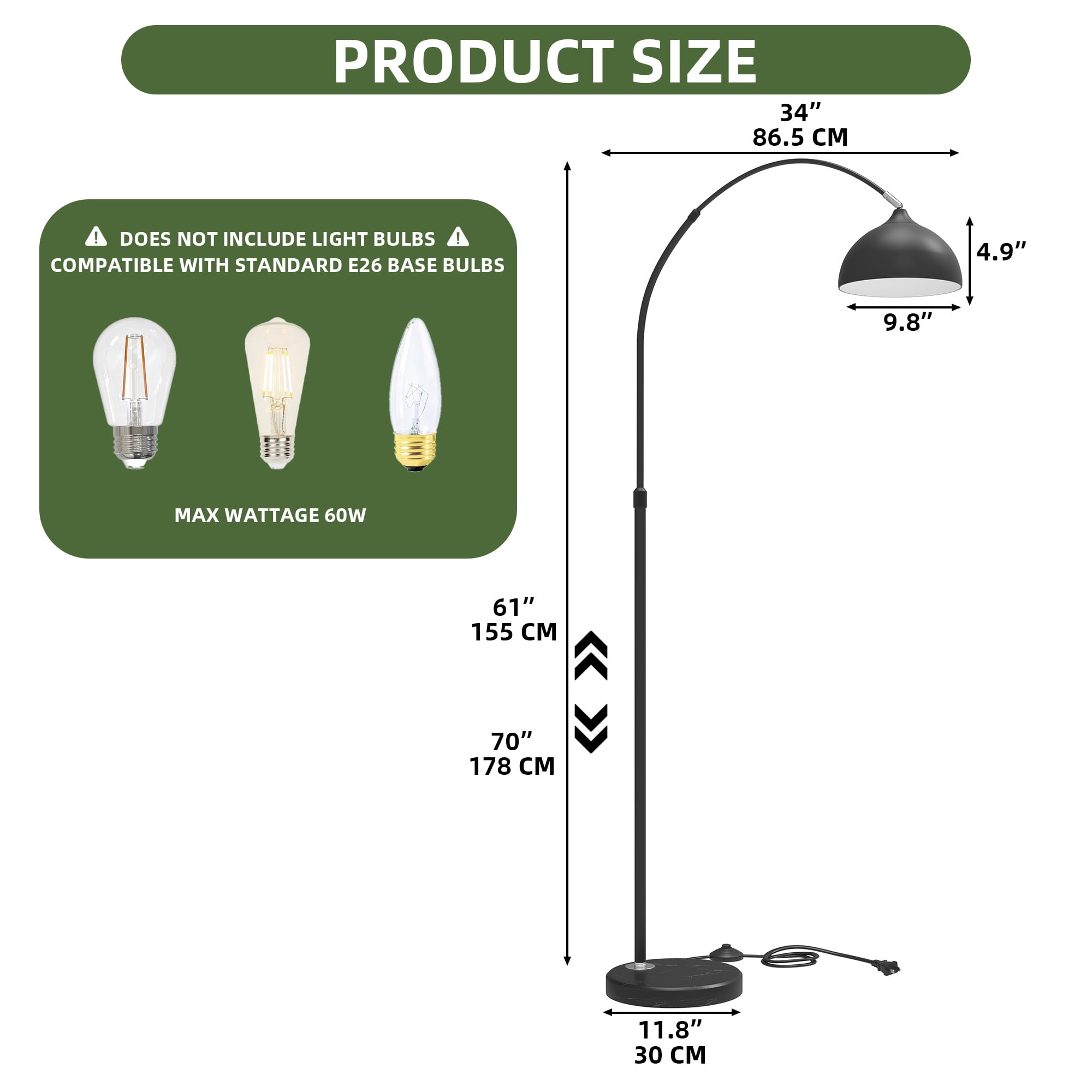 Uforic Black Marble Floor Lamp with Adjustable Height & Compatible E26 Bulbs, Foot Switch, 100W Max