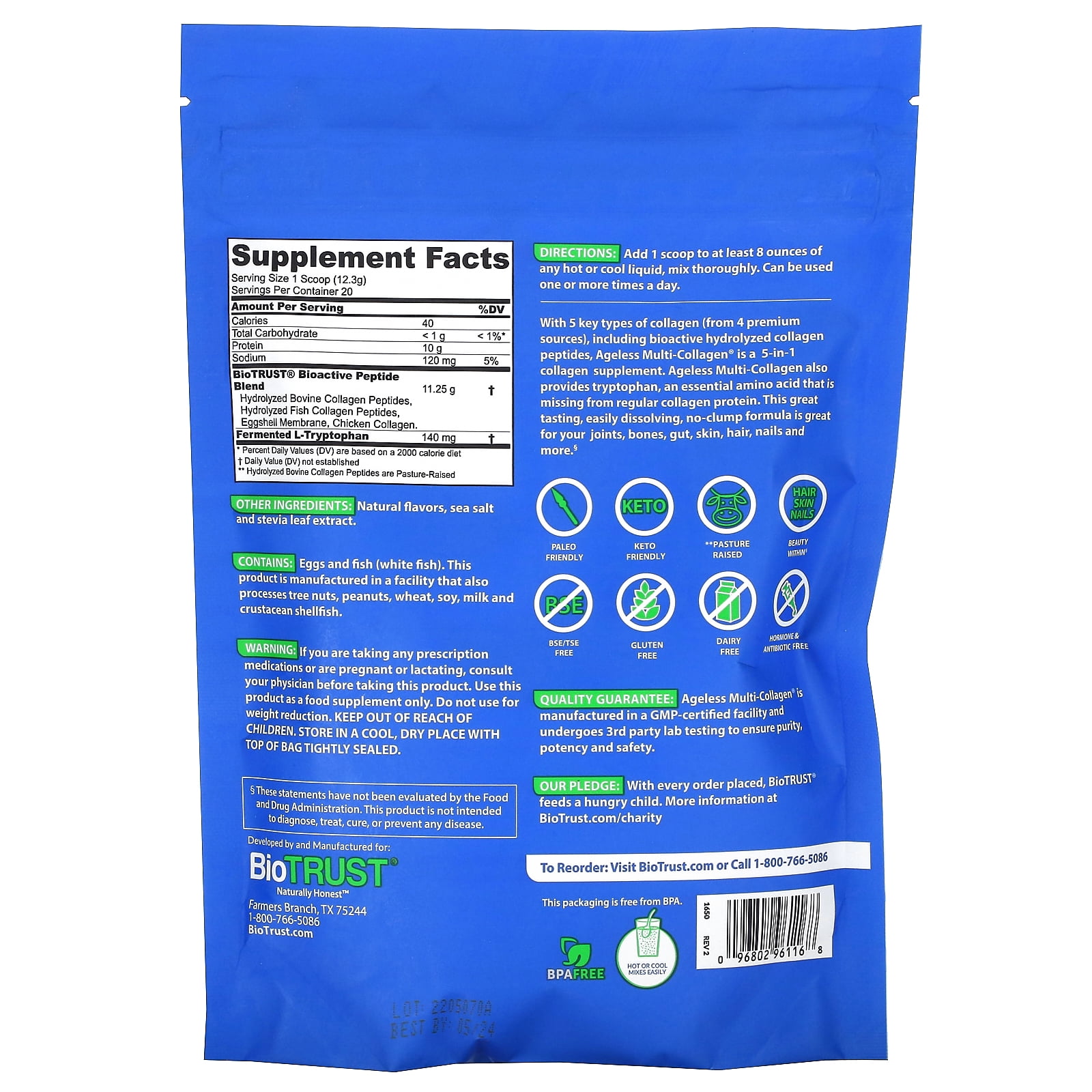 BioTrust Ageless Multi Collagen Peptides Powder – 5 Types (I, II, III, V, X) – Vanilla Collagen Powder for Women & Men – Hydrolyzed Protein – Grass Fed Beef, Fish, Chicken, Eggshell Membrane
