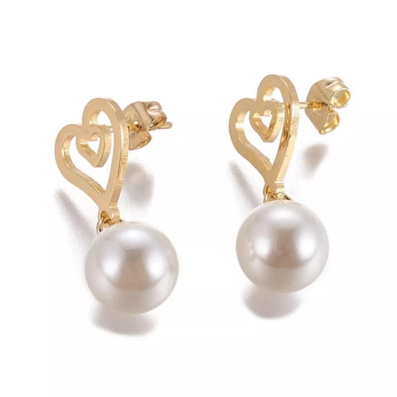 Stainless Steel Dangle Stud Earrings Pearl Heart Gold 28.5Mm 0.8Mm Z316