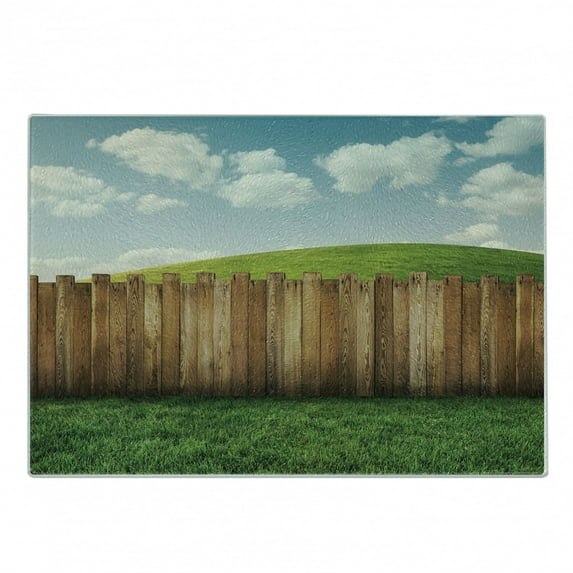 Farmland Cutting Board, Wooden Garden Fence on Grassland Pastoral Environment with Cloudy Sky Design, Decorative Tempered Glass Cutting and Serving Board, Small Size, Green Brown, by Ambesonne