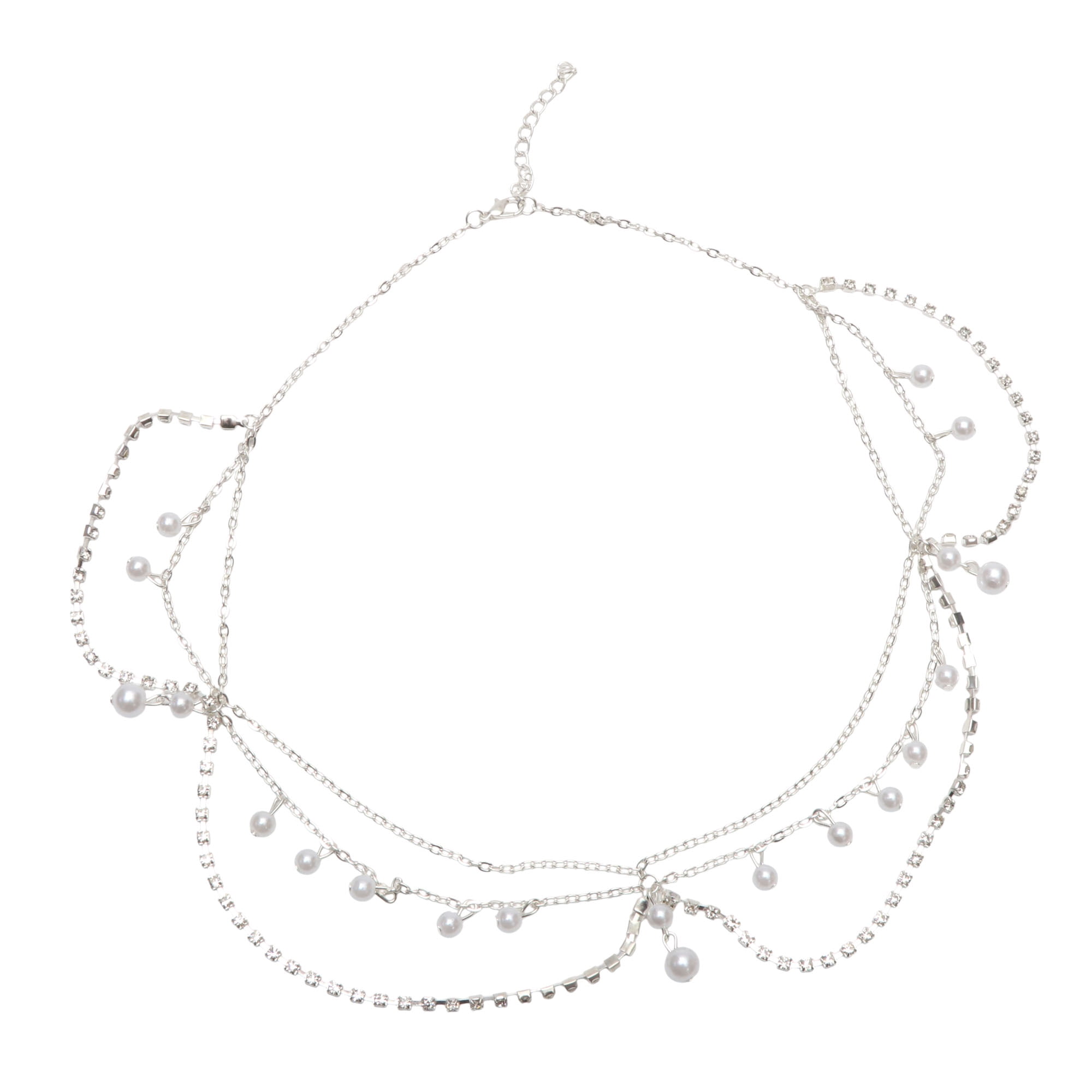 Unique Bargains Headpiece Multi-layered Rhinestone Faux Pearls Head Chain Silver Tone