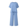 thumbnail image 5 of Cotton Linen Outfits 2 Piece Sets for Women Loose Casual Short Sleeve Top Wide Leg Pants Travel Beach Clothes (XL, Light Blue), 5 of 8