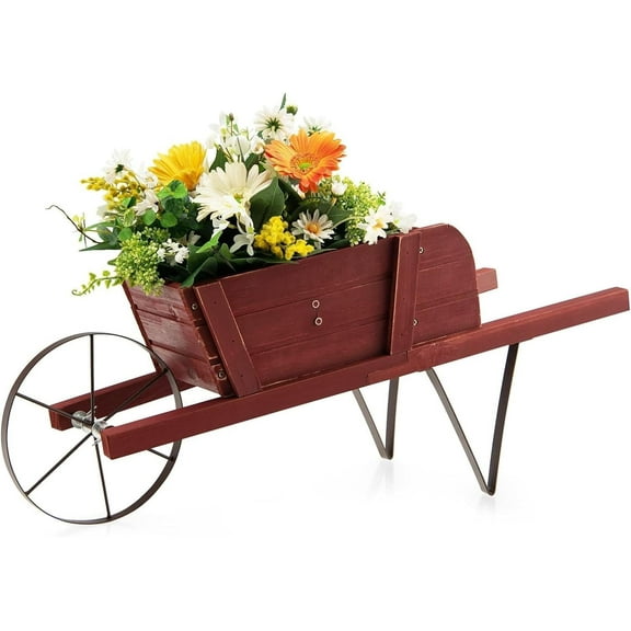 RONG-3 Wooden Wagon Planter, Small Flower Plant Pot w/Triangular Metal Support, 2 Energy-Saving Handles, Movable Wheel, Wood Wheelbarrow Cart Planter for Garden Backyard Holiday,Red
