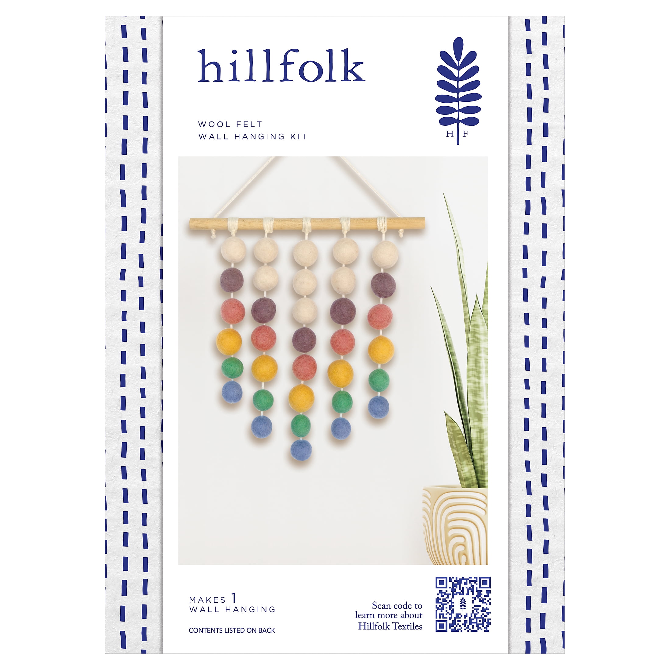Hillfolk Felt Ball Wall Hanging Kit with 34 Wool Felt Balls, Wooden Dowel, Needle, and Instructions