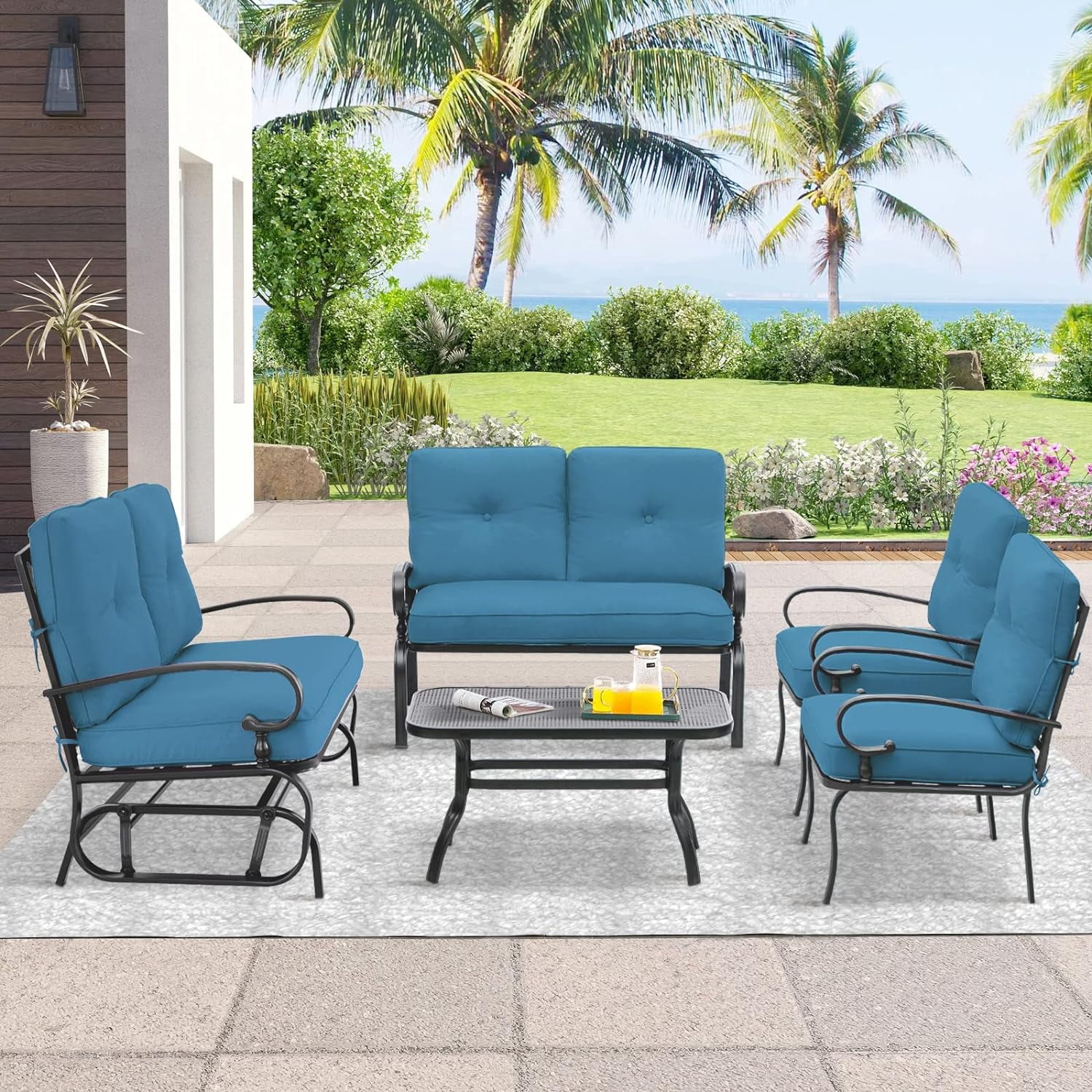 SOLAURA 5-Piece Outdoor Metal Furniture Set Patio Wrought Iron Conversation Set (Patio Swing Glider, 2 Patio Chairs, Loveseat with Coffee Table), Peacock Blue