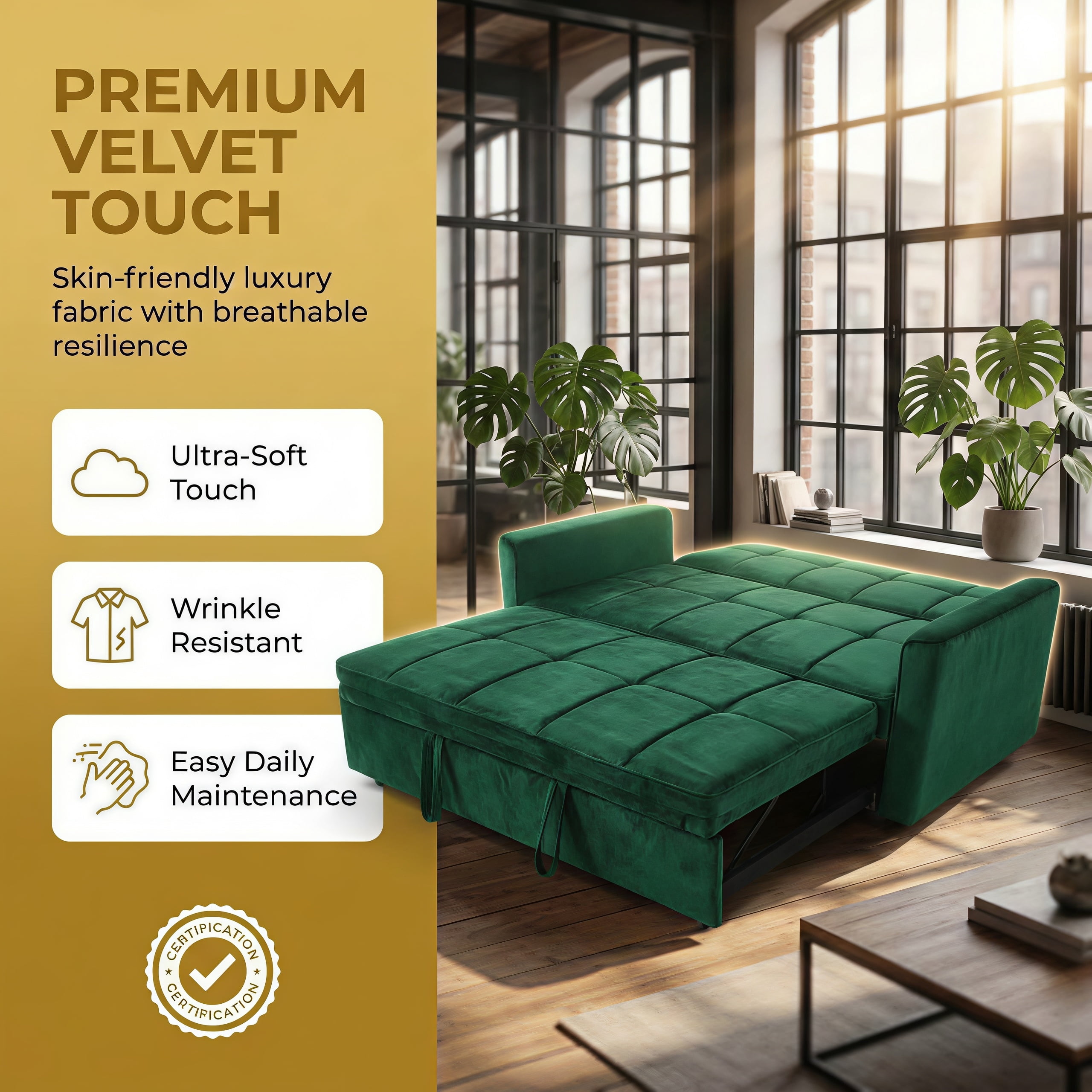 54" Convertible Sleeper Sofa Bed, Modern Velvet 3-in-1 Pull Out Loveseat Couch with 5-Position Backrest & Side Storage Pocket for Living Room, Green