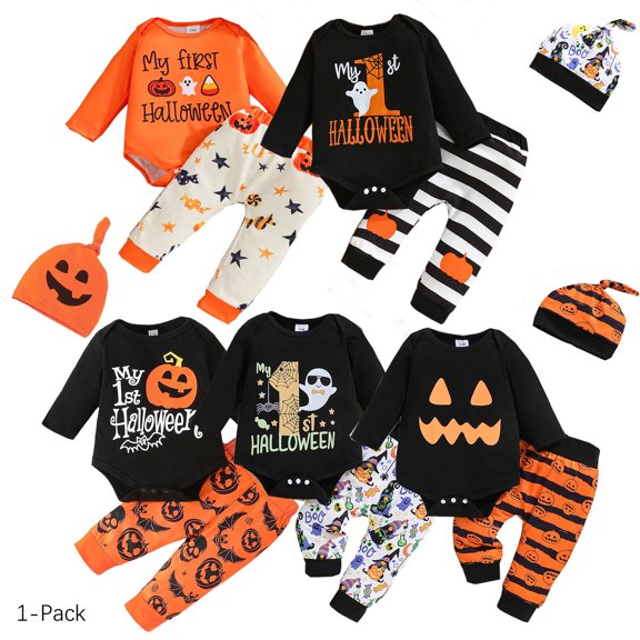 Beilxfa Newborn Baby Boy Halloween Outfit Ghost Romper Pants Hat Set My First Halloween Baby Boy Outfits