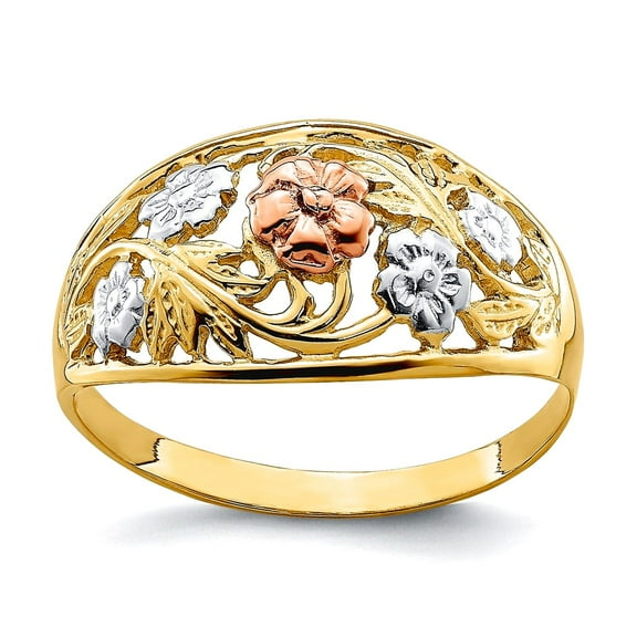 14k Gold Floral Dome Ring Cut-out and Tri-color Size 7 Ring for Women - 2.0 Grams