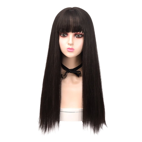 DOPI Human Hair Wigs For Women Air Bangs Long Straight Hair Wig Headgear Black Whole Wig Simulation Human Hair Is Natural And Realistic 75cm/29.5in