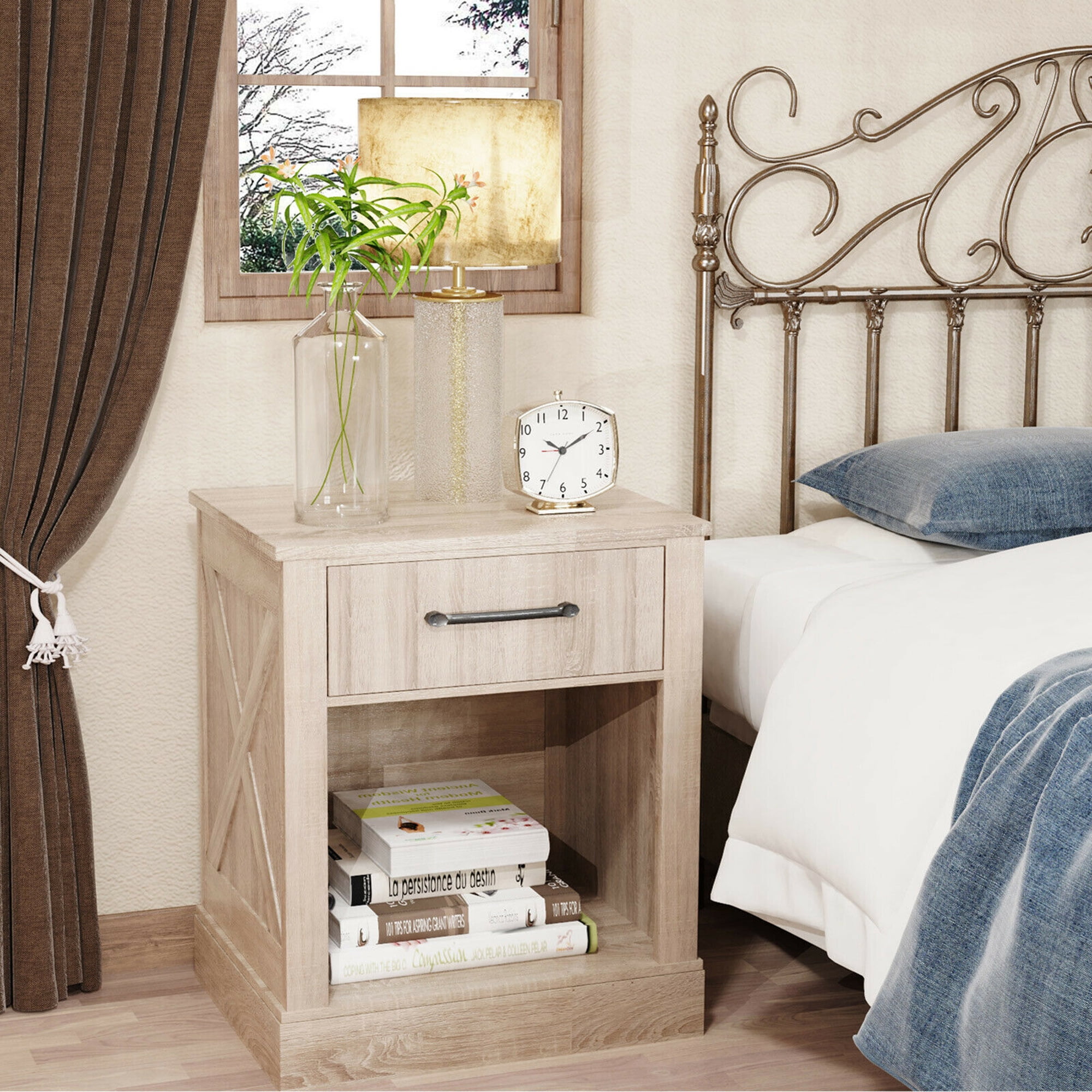 Gymax Nightstand with Drawer and Shelf Rustic Wooden Bedside Table Bedroom Natural