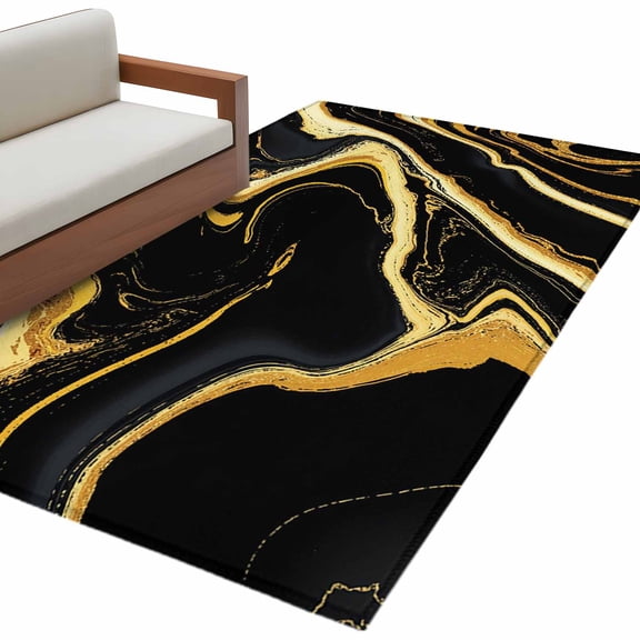Black Gold Area Rug 4x6ft Marble Luxury Abstract Glitter Fluid Pattern Non-Slip Washable Square Rugs Soft Felt Indoor Floor Mat for Bedroom Kitchen Living Room Bathroom