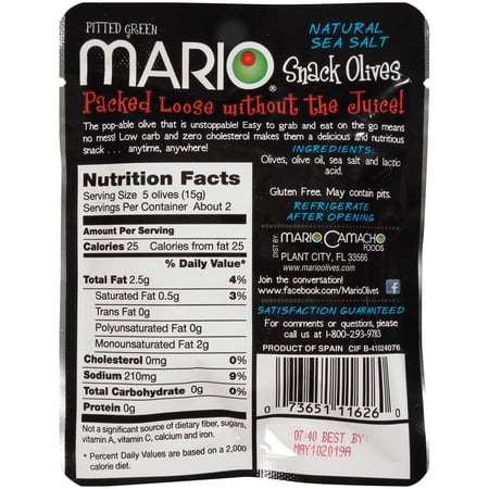 MARIO PITTED GREEN SNACK OLIVES SEASONED WITH NATURAL SEA SALT, 1.05 OZ